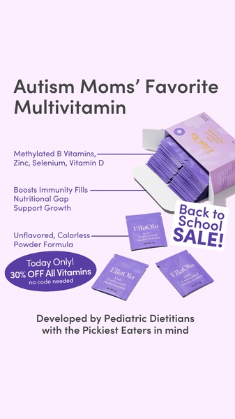 A clean, instructional ad creative utilizing a white-space heavy design to highlight specific nutritional benefits of a powdered supplement for children.